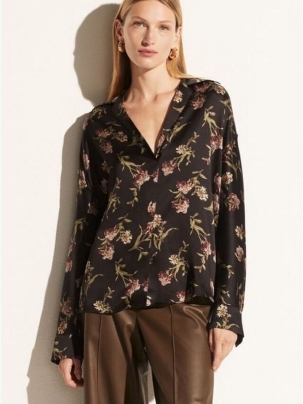 Vince Iris Honeysuckle Black Floral Silk Pullover Blouse Top S